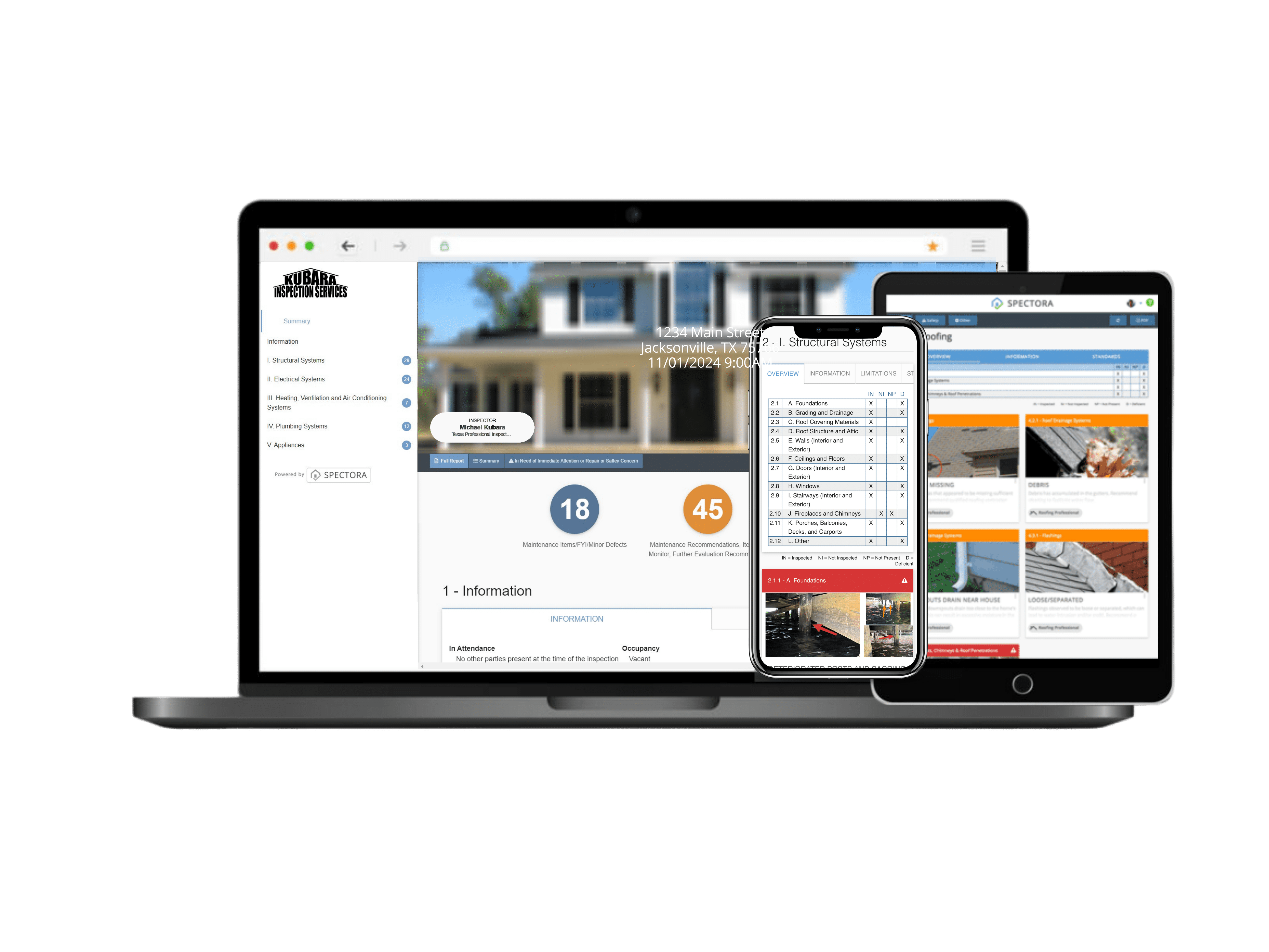 Home inspection report displayed on Spectora software across multiple devices, showing inspection details.