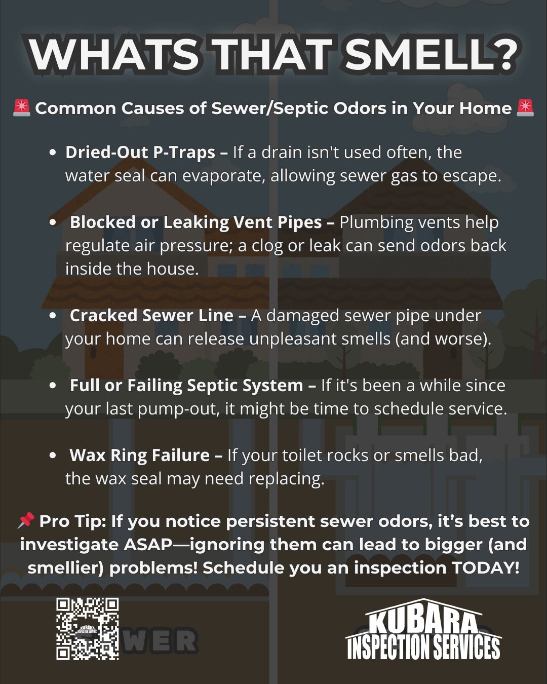 An infographic titled "What’s That Smell?" listing common causes of sewer and septic odors in a home, including dried-out P-traps, blocked vent pipes, cracked sewer lines, full septic systems, and wax ring failures. The Kubara Inspection Services logo and a QR code for scheduling an inspection are included.